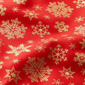 Baumwollstoff Popeline Schneekristalle – rot/gold, 