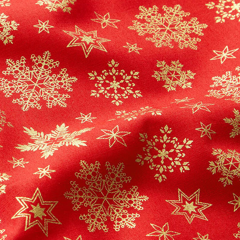 Baumwollstoff Popeline Schneekristalle – rot/gold, image number 2