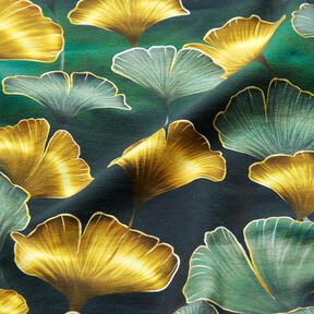 Baumwolljersey Ginkgo | Glitzerpüppi – dunkelgrün/altgold, 