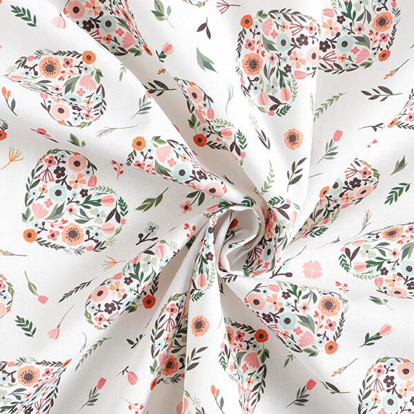 Baumwollstoff Perkal Blumen in Herzen – weiss/rosa | Reststück 50cm