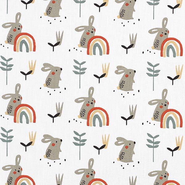 Baumwollstoffe Cretonne Hase und Regenbogen – weiss/schlamm