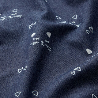 Jeansstoff Stretch Katzen und Herzen – marineblau, 