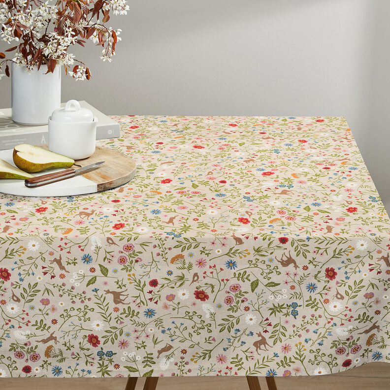 Dekostoff Halbpanama Waldtiere und Blumen – natur/grün,  image number 8