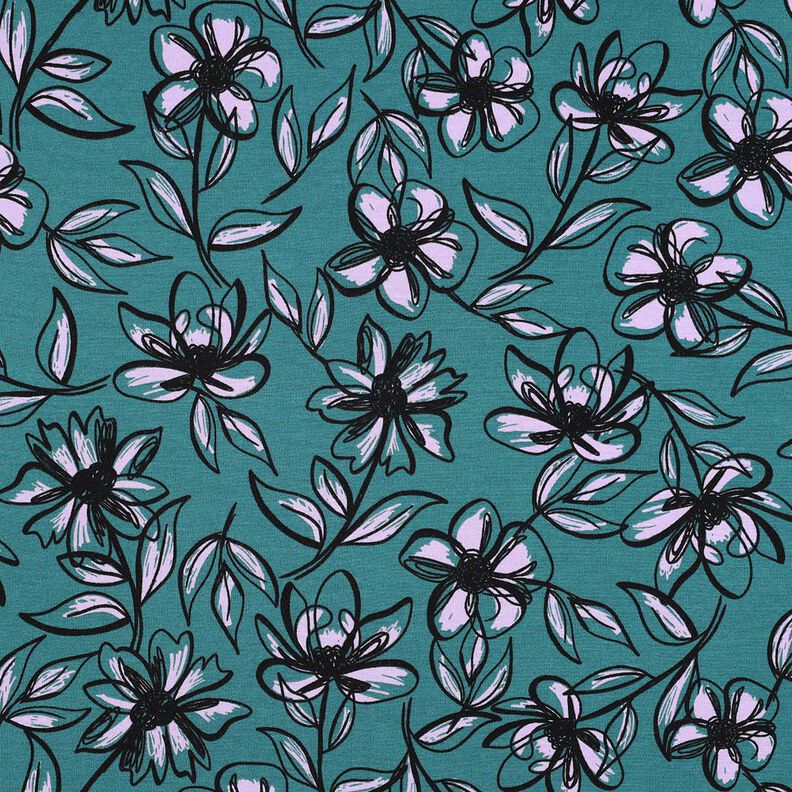 Romanit Jersey Blumen – petrol/flieder,  image number 1