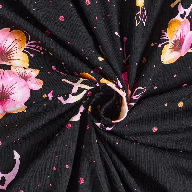 Baumwolljersey maritime Blüten | Glitzerpüppi – schwarz/purpur,  image number 3