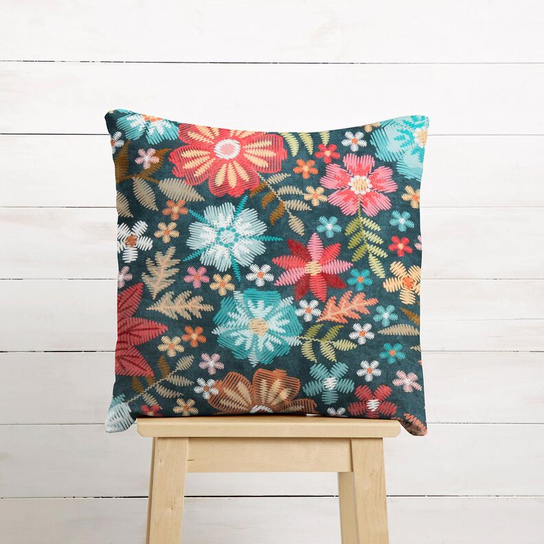Dekosamt Blumen in Stickoptik – petrol/karminrot,  image number 8