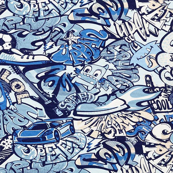 French Terry Sommersweat Graffiti-Monster – hellblau, image number 1