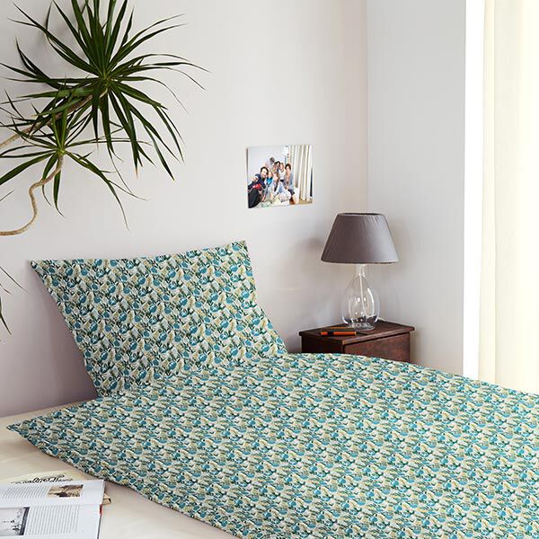 Baumwollstoff Cretonne Blumenwiese – weiss/hellpetrol | Reststück 100cm