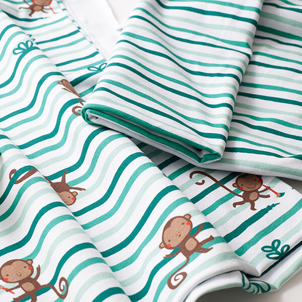 Baumwolljersey lustige Affen und Pinsel-Streifen | PETIT CITRON – wollweiss/mintgrün