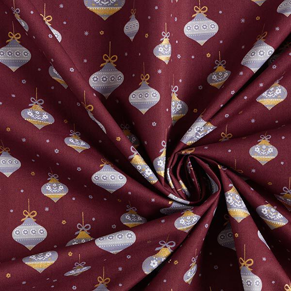 Baumwollstoff Popeline spitze Weihnachtskugeln – bordeauxrot/gold | Reststück 50cm