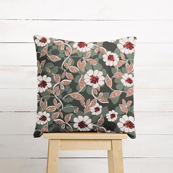 Dekostoff Canvas große Blüten – dunkelgrün/wollweiss | Reststück 100cm