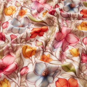 Viskose-Leinen-Mix Blumen und Rosenranken – natur/feuerrot, 