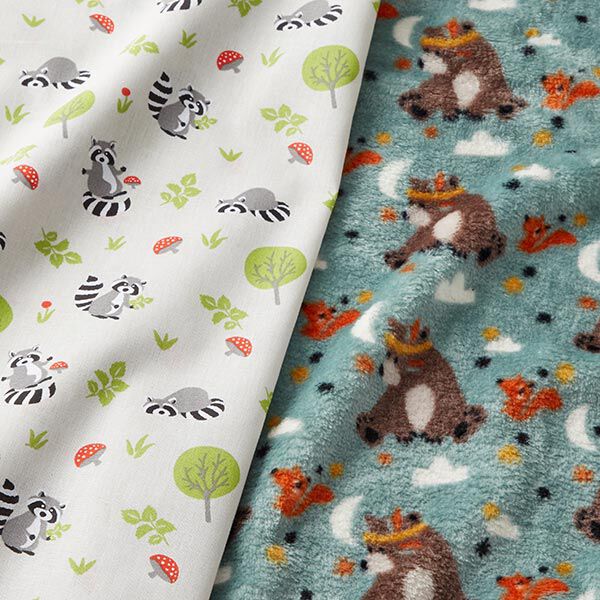 Wellnessfleece Doubleface Bär mit Federschmuck – hellgrau/dunkelbraun | Reststück 100cm