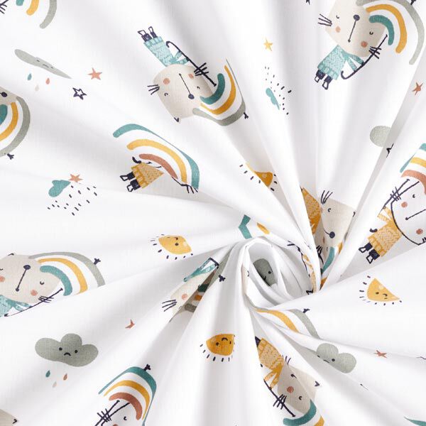 Baumwollstoff Cretonne Katzen mit Regenbogen-Schirmen – weiss, image number 3
