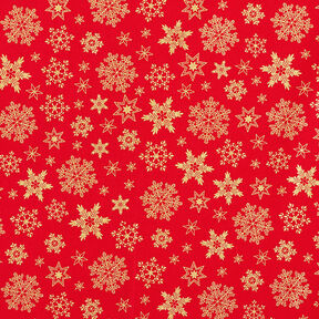 Baumwollstoff Popeline Schneekristalle – rot/gold, 