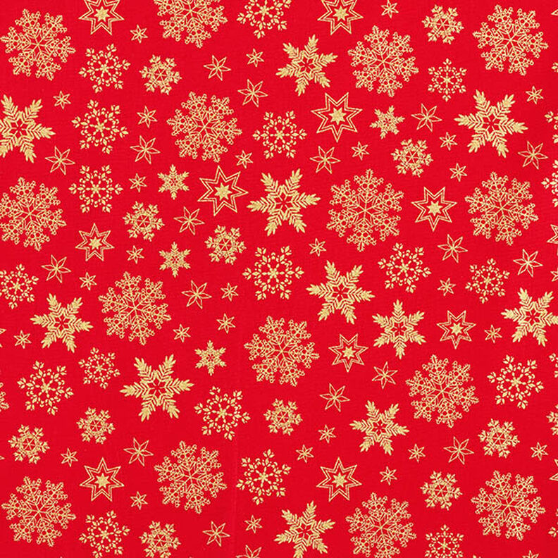 Baumwollstoff Popeline Schneekristalle – rot/gold, image number 1