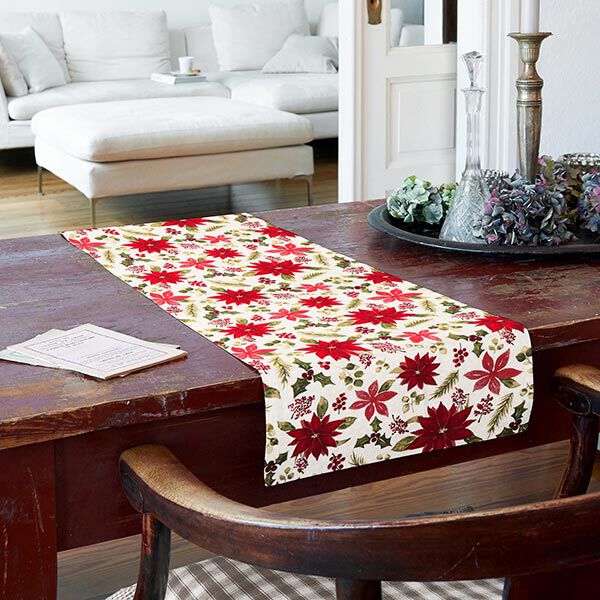 Dekostoff Canvas Christstern-Blüten – wollweiss/karminrot | Reststück 100cm
