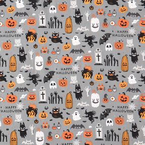 Baumwollstoff Popeline Happy Halloween – elefantengrau/hellorange, 