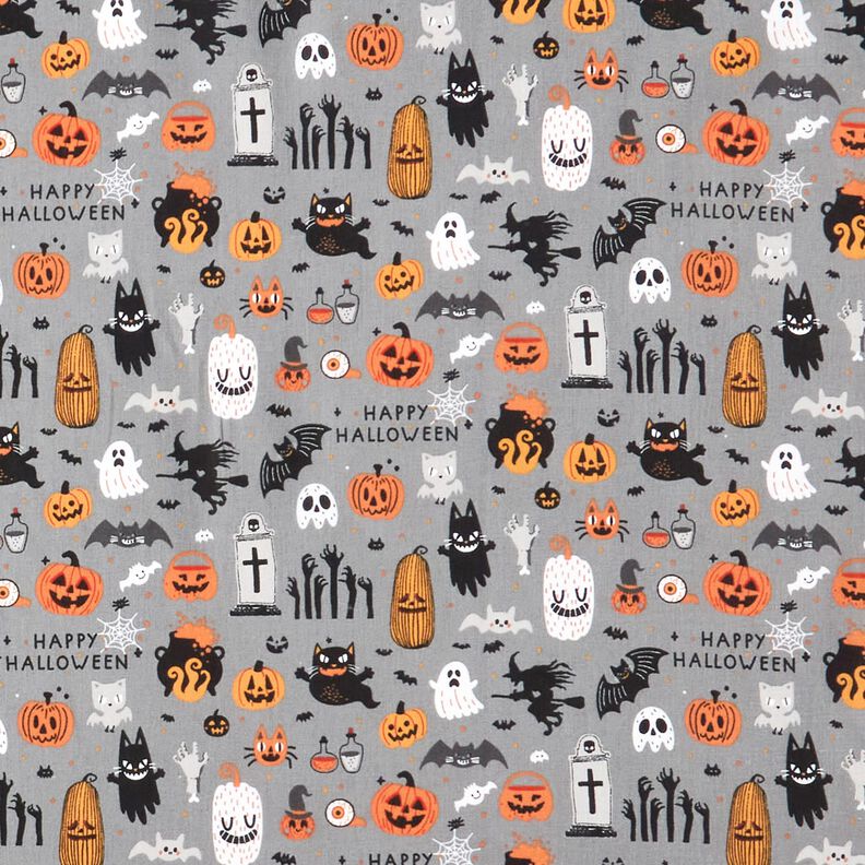 Baumwollstoff Popeline Happy Halloween – elefantengrau/hellorange,  image number 1