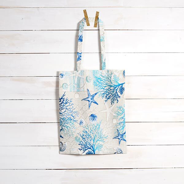 Dekostoff Canvas Maritime Collage – blau/türkis | Reststück 100cm