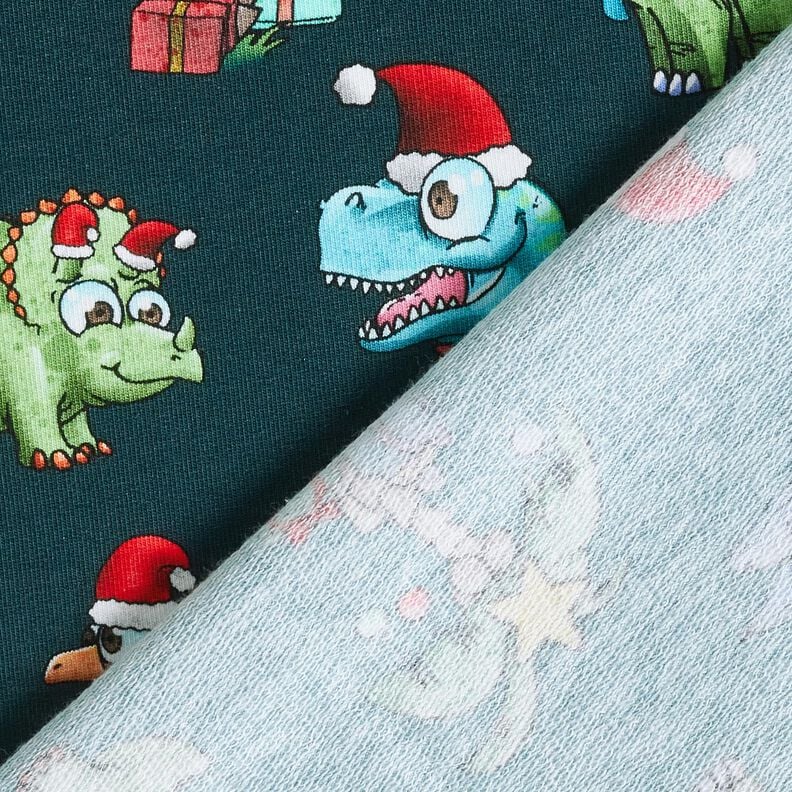 French Terry Sommersweat Weihnachtsdinosaurier unter Palmen | Glitzerpüppi – petrol/hellgrün, image number 4