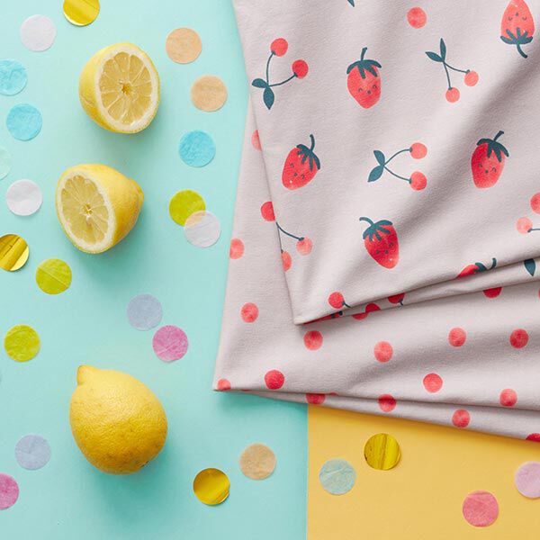 Baumwolljersey Kirschen und Erdbeeren | PETIT CITRON – sand | Reststück 50cm