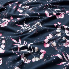 Baumwolljersey Eukalyptus und Hortensien | Glitzerpüppi – nachtblau/rosa, 