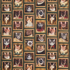 Dekostoff Halbpanama Katzen Portraits – dunkelgrün/gold, 