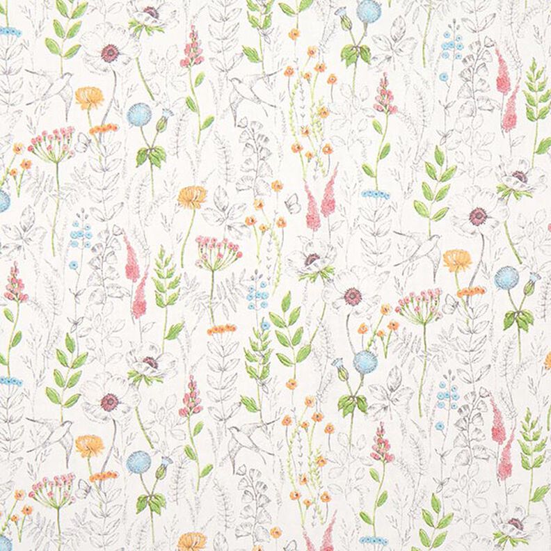 Dekostoff Halbpanama gezeichnete Wildblumen – weiss/rosa,  image number 1