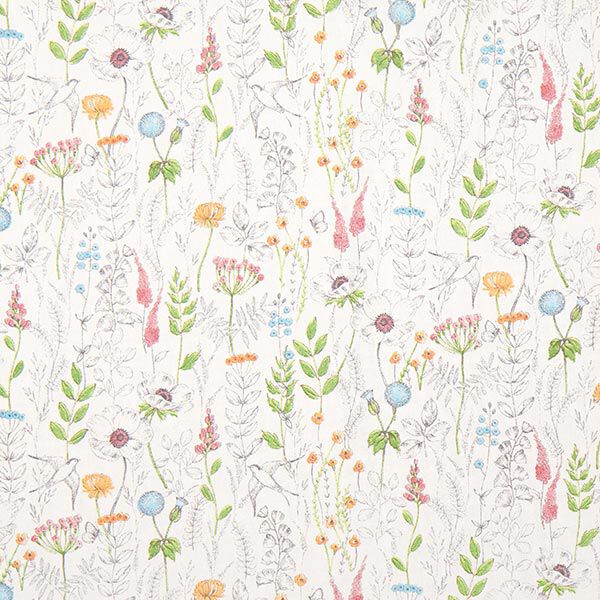 Dekostoff Halbpanama gezeichnete Wildblumen – weiss/rosa | Reststück 100cm