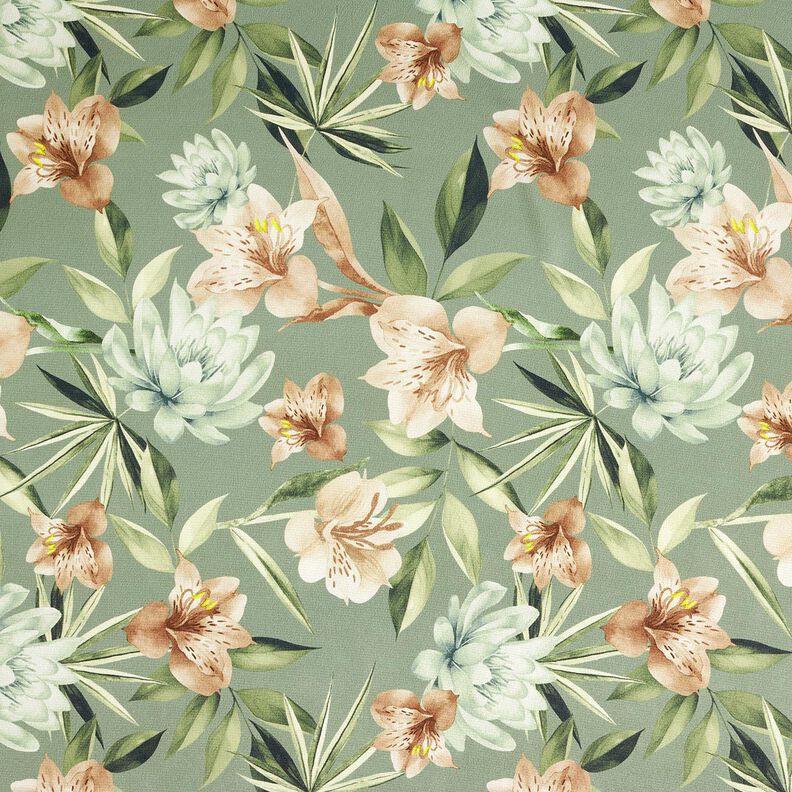 Kreppsatin Magnolien mit Palmblättern – schilf/beige,  image number 1
