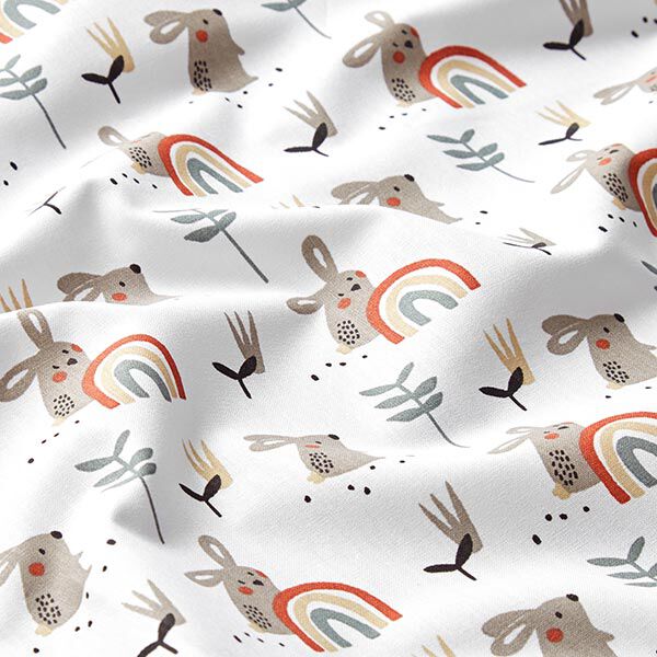 Baumwollstoffe Cretonne Hase und Regenbogen – weiss/schlamm