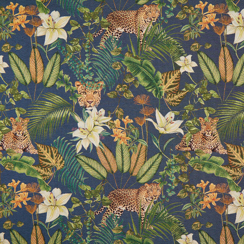 Dekostoff Gobelin Leoparden im Dschungel – blau/grün,  image number 1