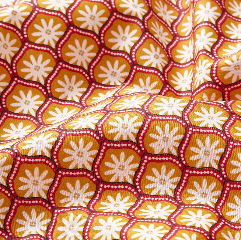 Beschichtete Baumwolle Blumenkacheln – senf/weiss,  image number 2