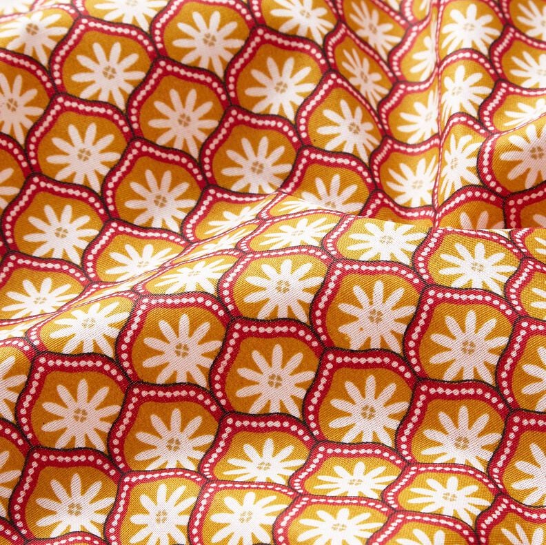 Beschichtete Baumwolle Blumenkacheln – senf/weiss, image number 2