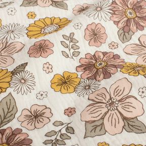 Musselin/ Doppel-Krinkel Gewebe Retro Blumen – weiss, 