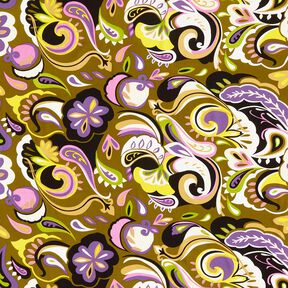 Viskosestoff Retro-Blumen – oliv/lila, 
