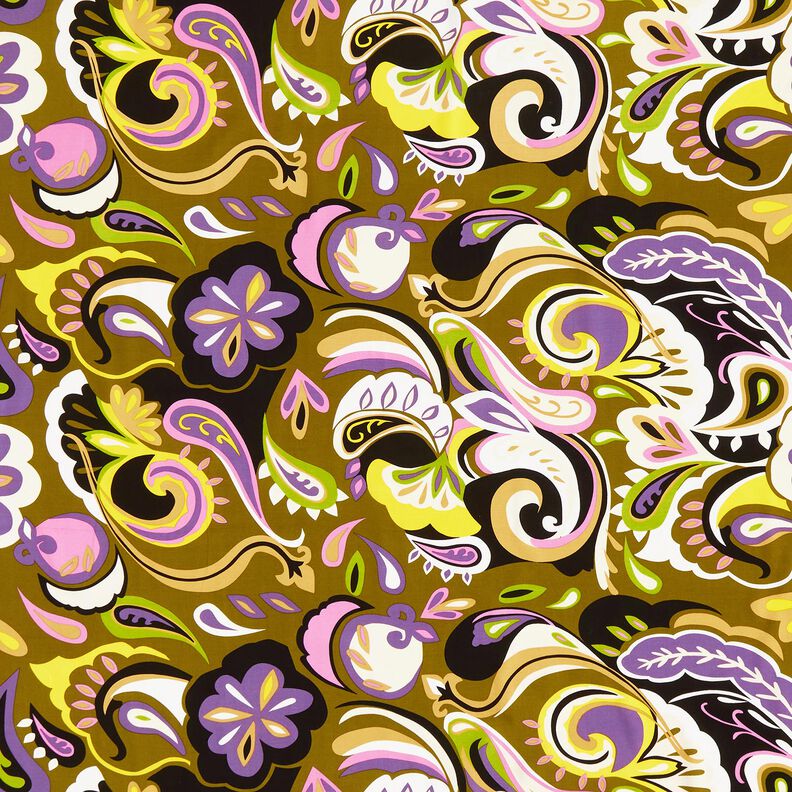 Viskosestoff Retro-Blumen – oliv/lila, image number 1