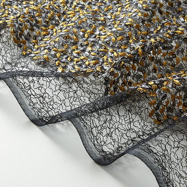 Spitzenstoff Blumenranken & Pailletten – schwarz/gold, image number 5