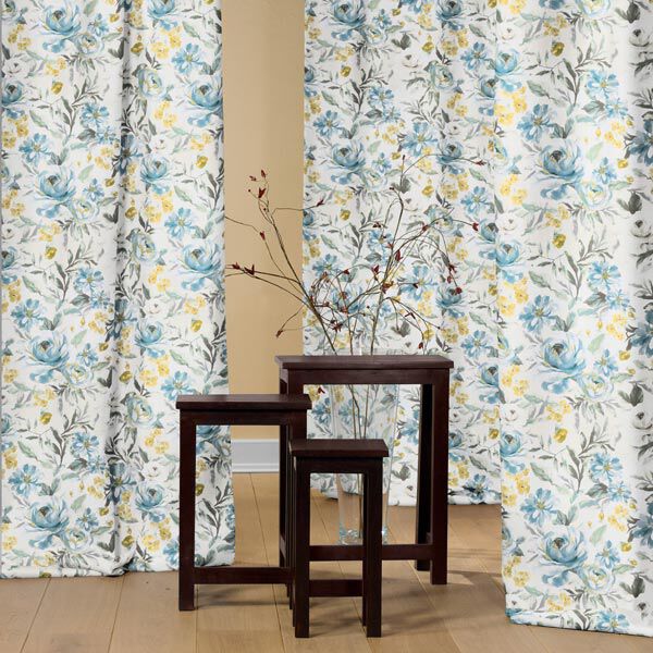 Dekostoff Pfingstrosen – blau/senf | Reststück 100cm