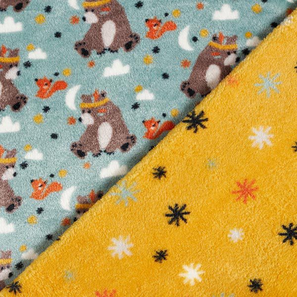 Wellnessfleece Doubleface Bär mit Federschmuck – hellgrau/dunkelbraun | Reststück 100cm