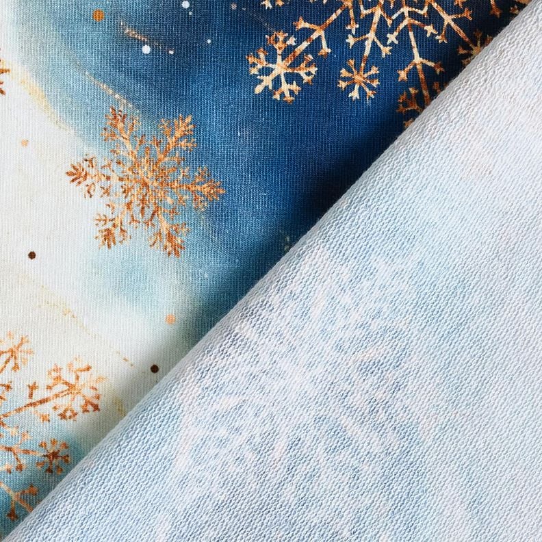 French Terry Sommersweat Schneeflocken Milchstraße | Glitzerpüppi – indigo/altgold, image number 4