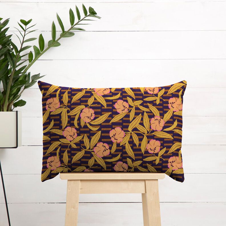 Dekostoff Halbpanama kunterbunte Blumen – aubergine/hellorange, image number 6