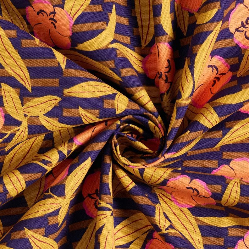 Dekostoff Halbpanama kunterbunte Blumen – aubergine/hellorange, image number 3