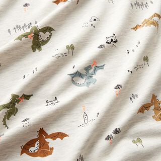 Baumwolljersey feuerspeiende Drachen Melange – wollweiss/neonorange, 