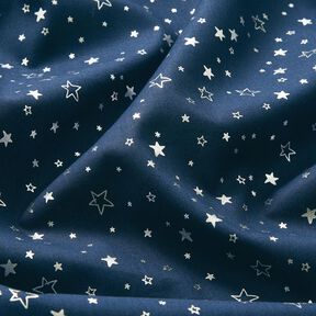Baumwollstoff Popeline Foliendruck Weihnachtssterne – nachtblau/silber metallic, 