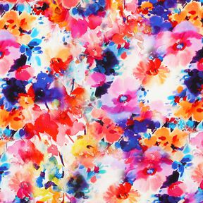 Viskosestoff bunte Aquarellblumen Digitaldruck – intensiv pink/blaulila, 