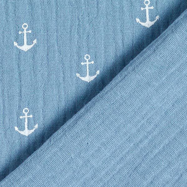 Musselin/Doppel-Krinkel Gewebe Anker – taubenblau/weiss | Reststück 50cm