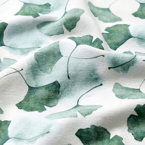 GOTS Baumwolljersey Ginko Digitaldruck – weiss/eukalyptus, 