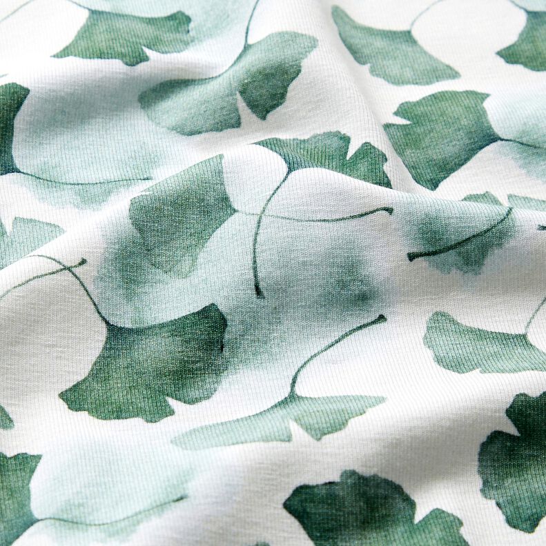 GOTS Baumwolljersey Ginko Digitaldruck – weiss/eukalyptus,  image number 2